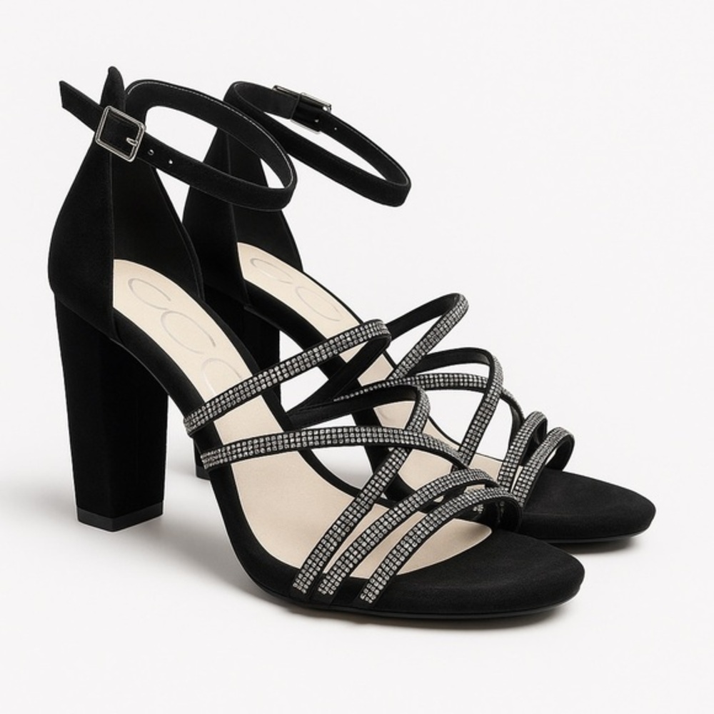 Sugar Black Rhinestone Strappy Block Heel Sandals – Size 7.5